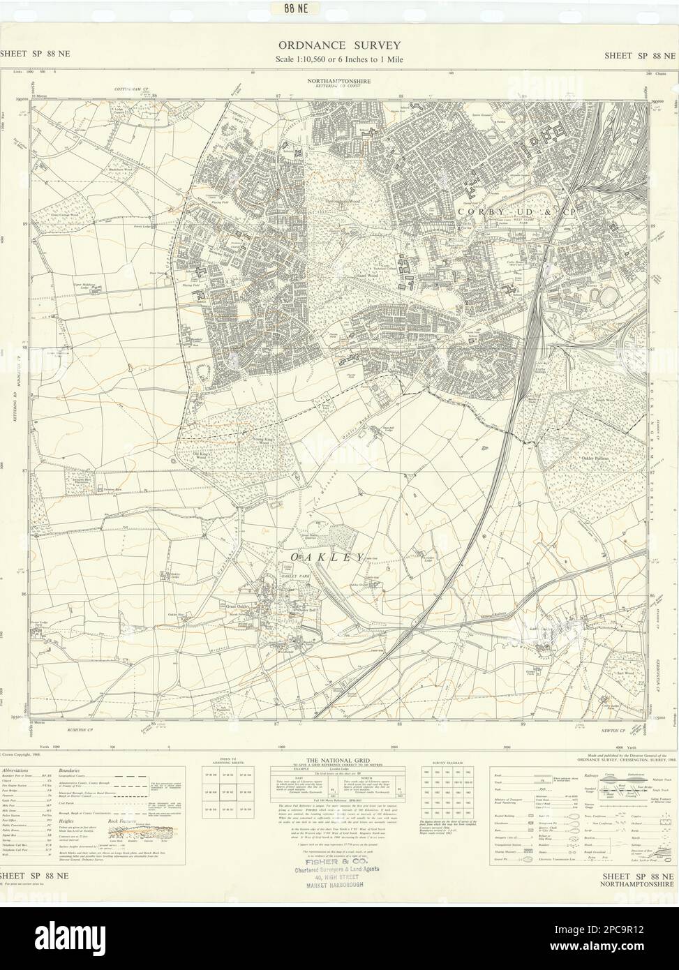 Ordnance Survey Sheet SP88NE Northamptonshire Corby Great Oakley 1968 mapa antiguo Foto de stock