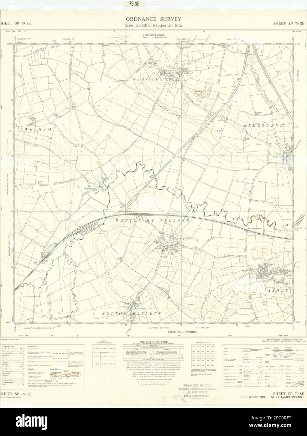 Ordnance Survey SP79SE Leics Ashley Weston Slawston Sutton Bassett 1967 mapa Foto de stock