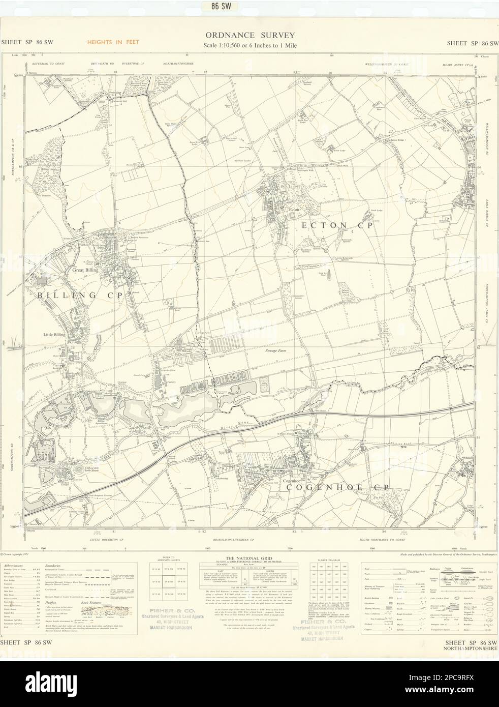 Ordnance Survey SP86SW Northampton Great/Little Billing Cogenhoe Ecton 1970 mapa Foto de stock