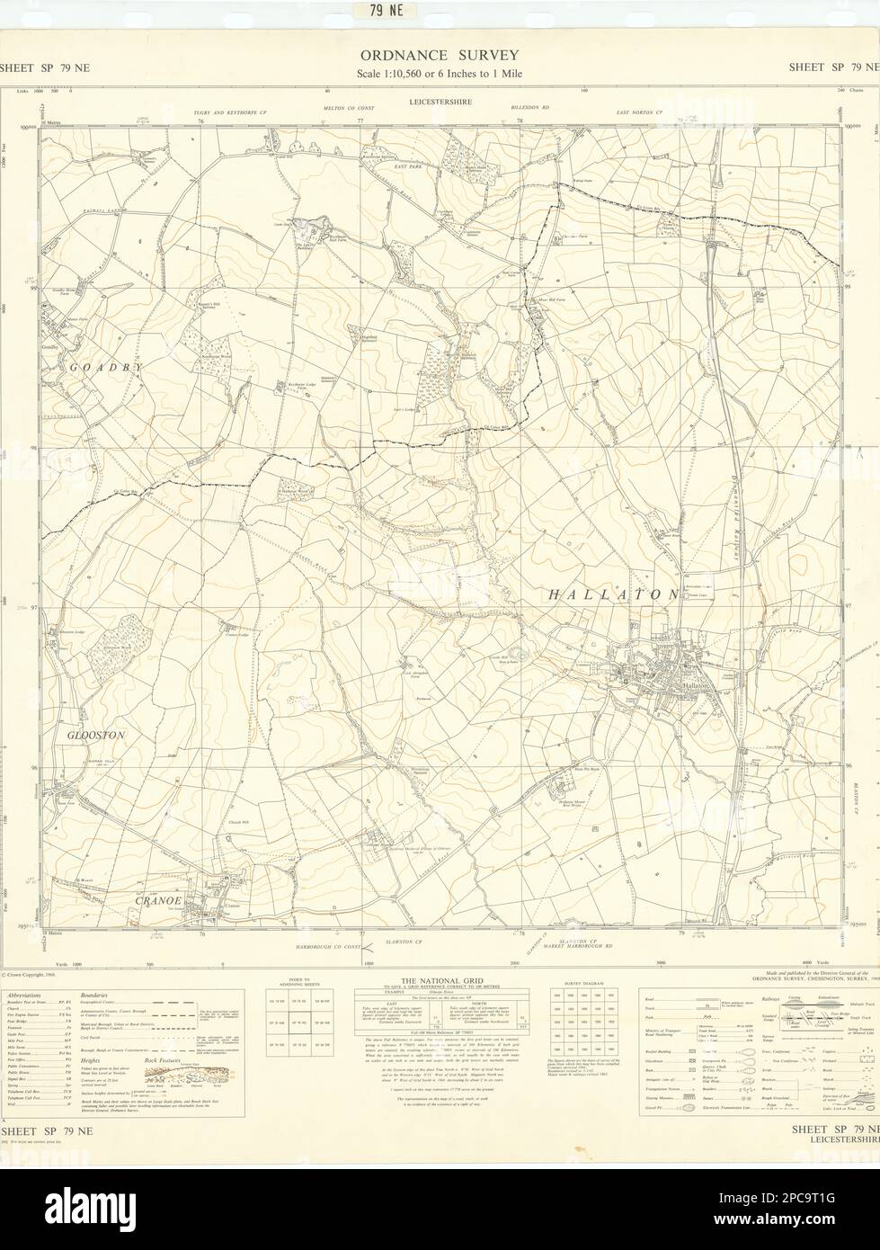 Ordnance Survey Sheet SP79NE Leicestershire Hallaton Cranoe 1968 mapa antiguo Foto de stock