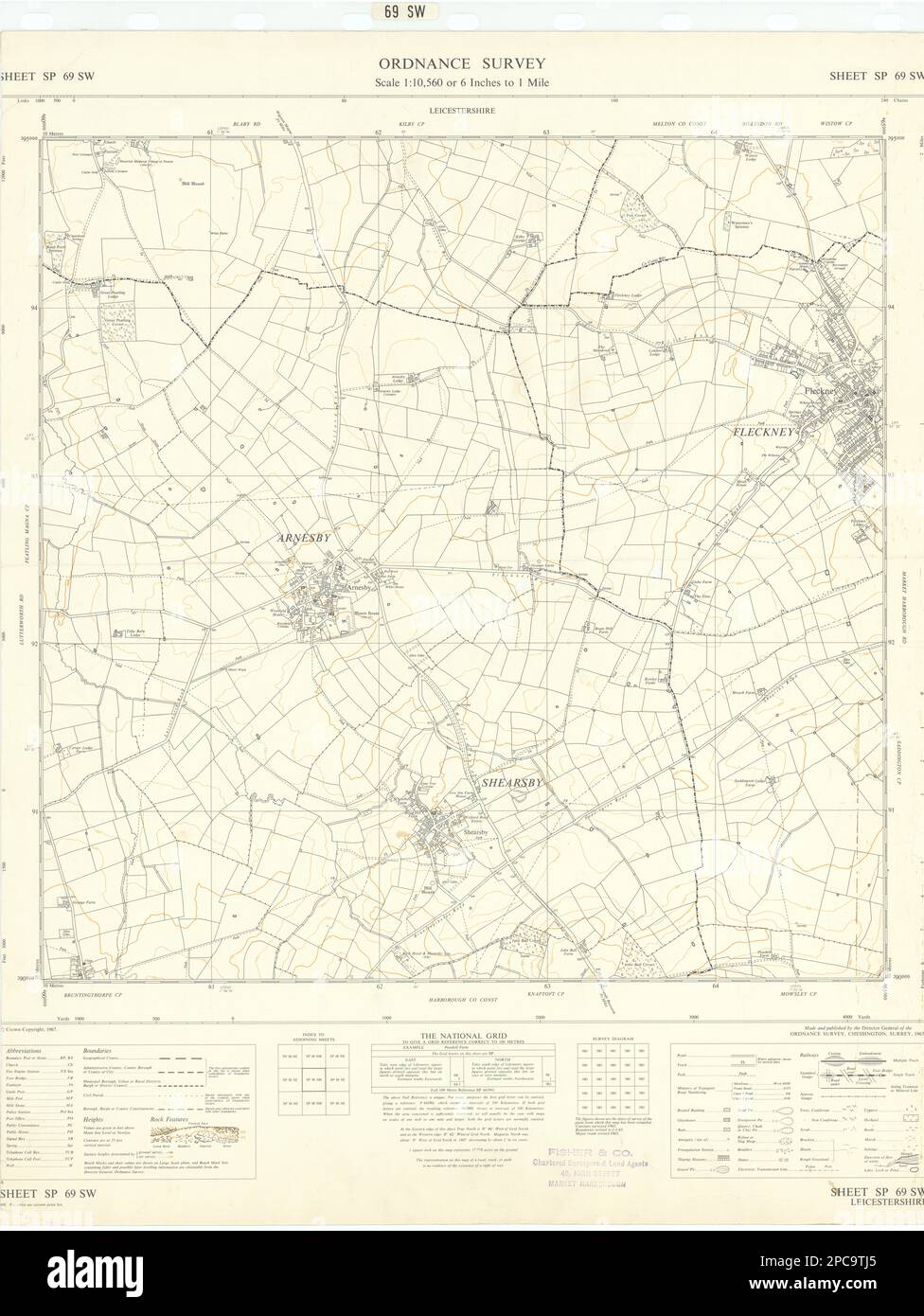 Ordnance Survey Sheet SP69SW Northamptonshire Fleckney Arnesby Shearsby 1967 mapa Foto de stock