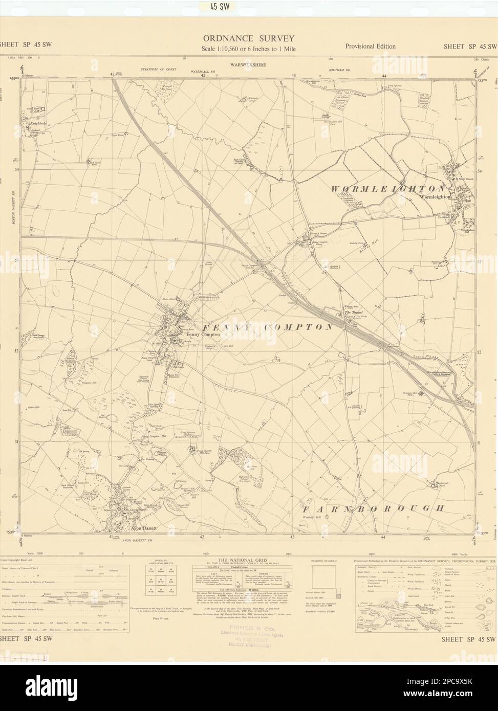 Ordnance Survey SP45SW Warks Fenny Compton Wormleighton Avon Dassett 1955 mapa Foto de stock