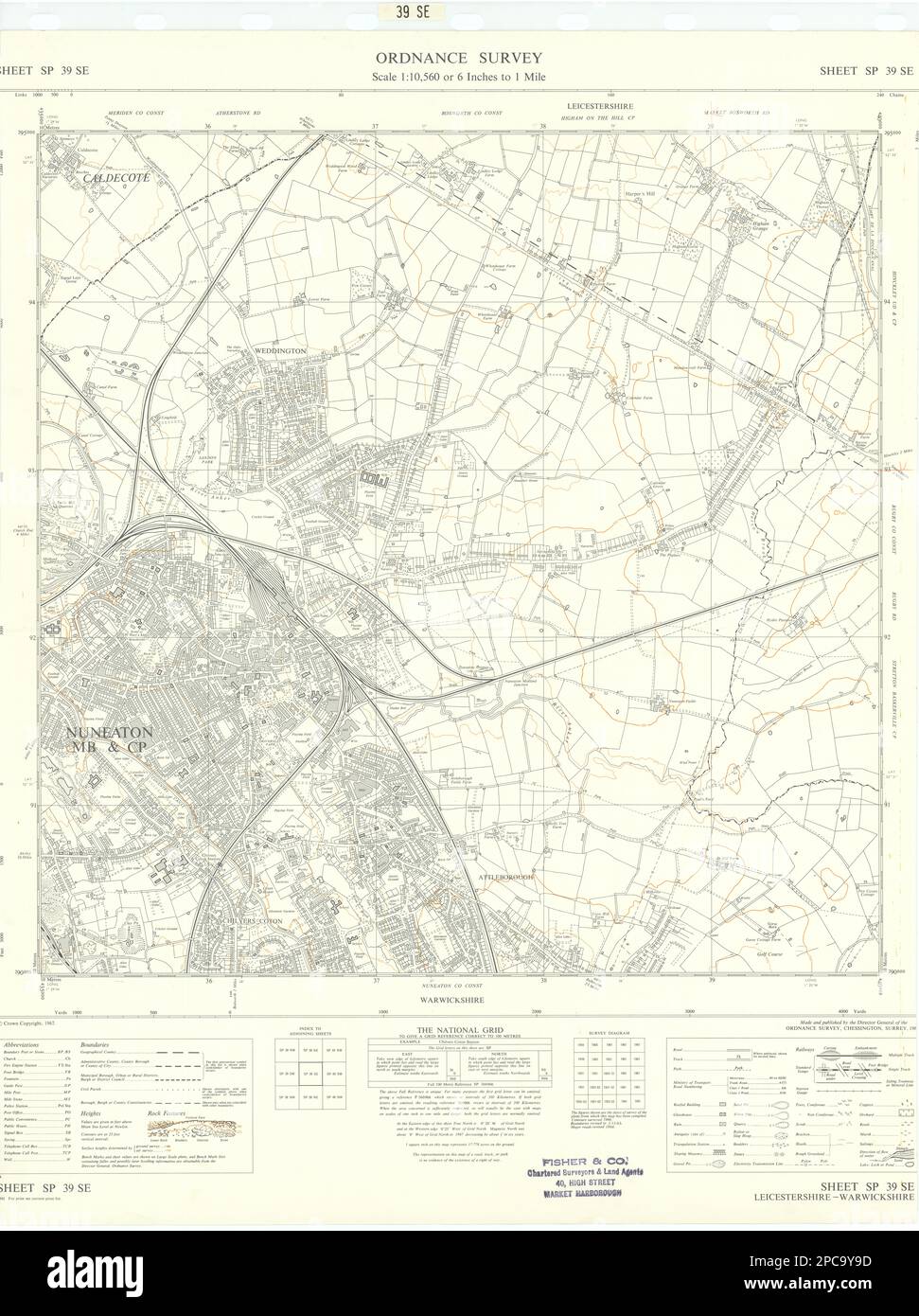 Ordnance Survey SP39SE Leicestershire Numeaton Weddington Caldecote 1967 mapa Foto de stock