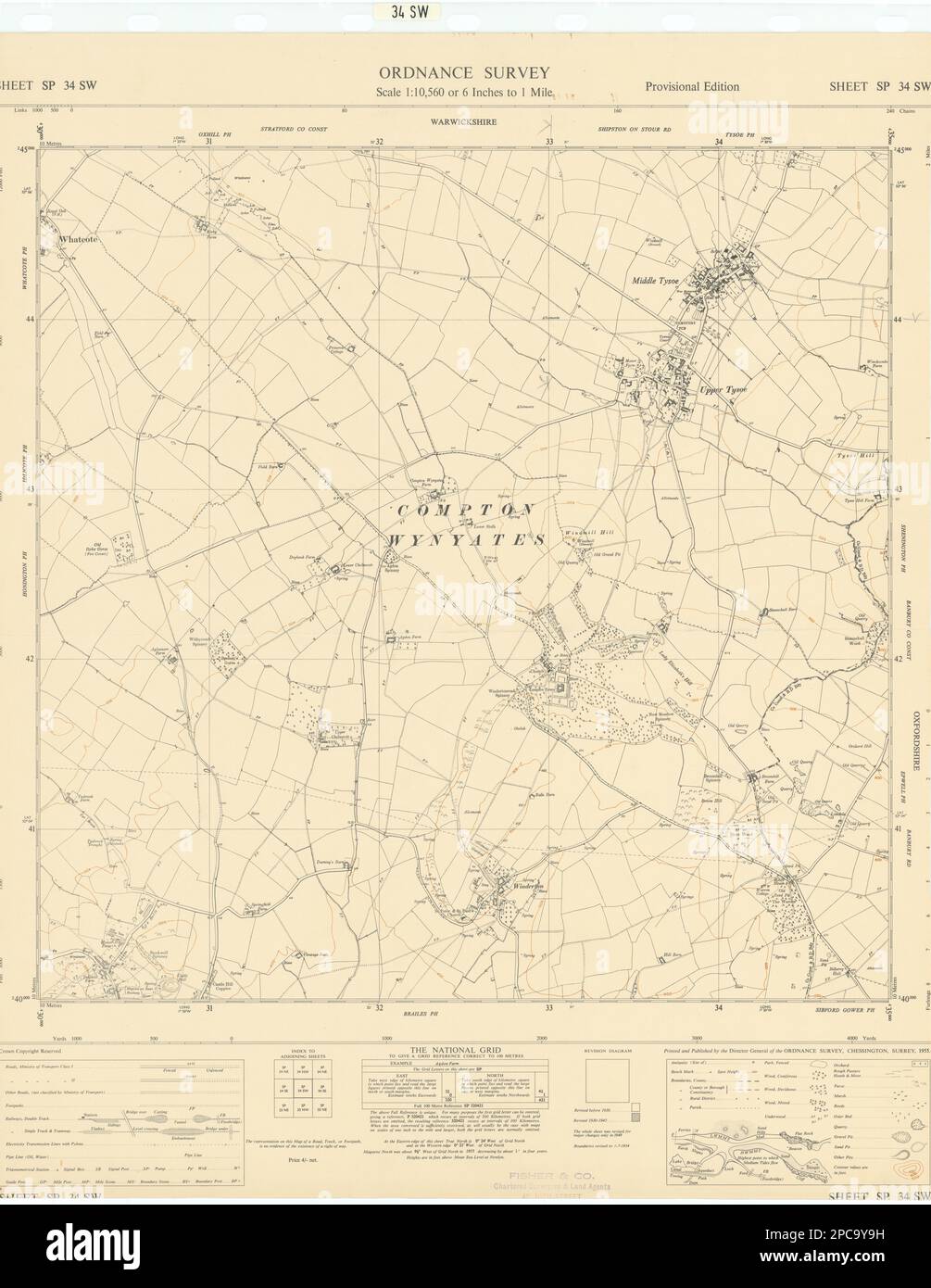 Hoja de estudio de ordnance SP34SW Warwickshire Tysoe Winderton 1955 antiguo mapa vintage Foto de stock
