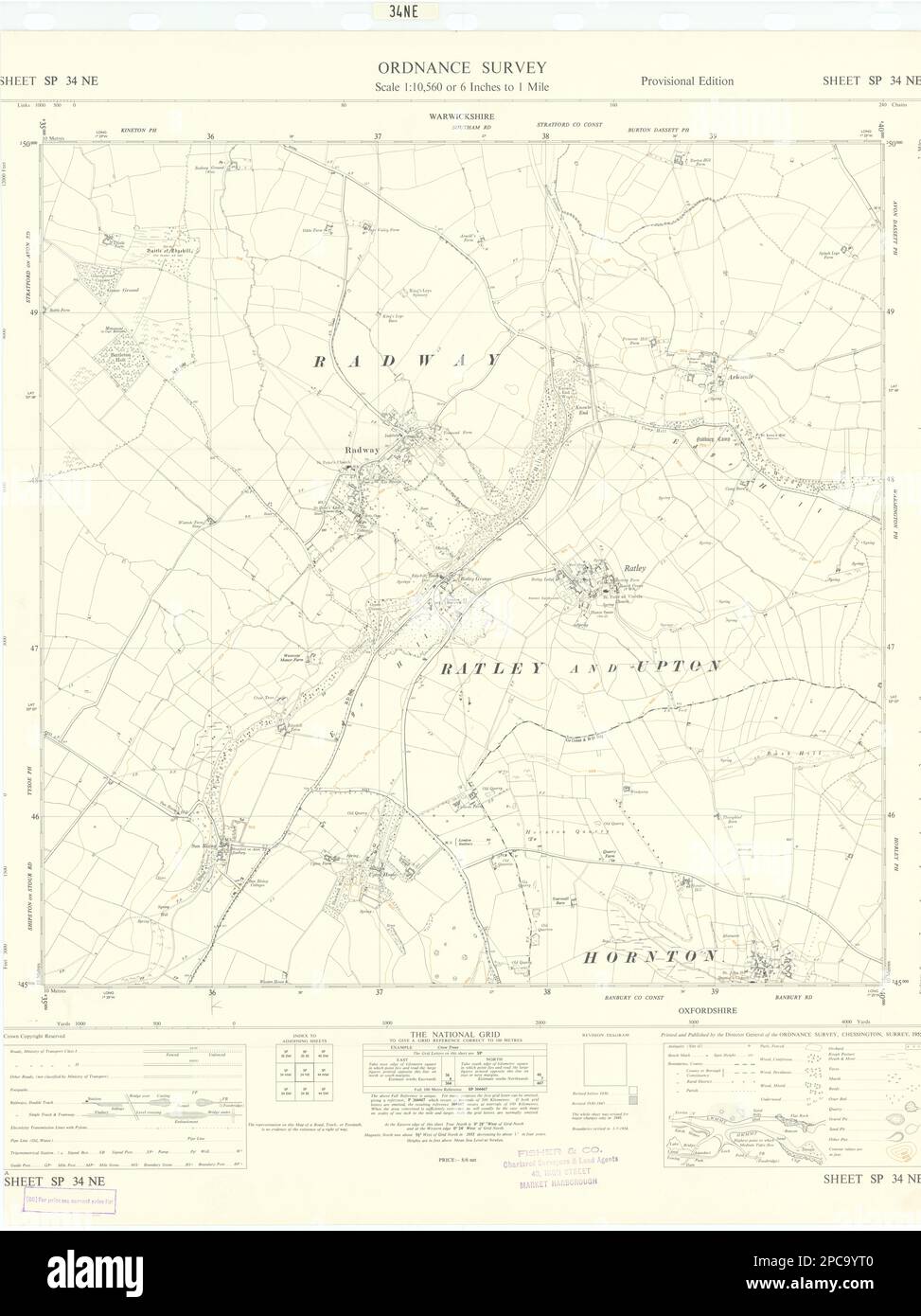 Hoja de estudio de ordnance SP34NE Warwickshire Radway Ratley Hornton 1955 mapa antiguo Foto de stock