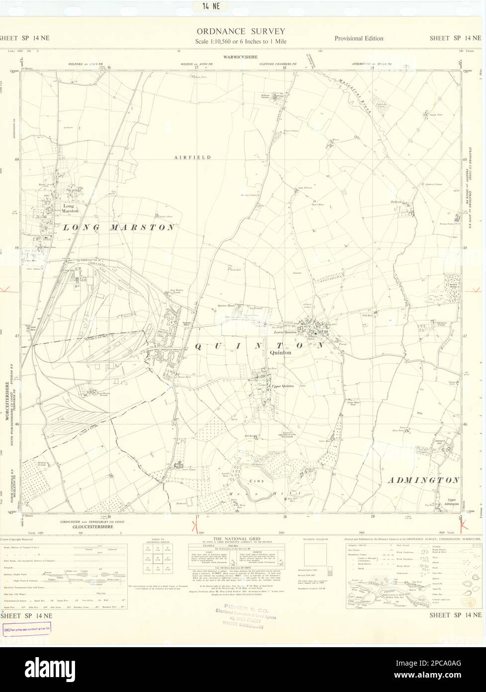 Ordnance Survey Sheet SP14NE Warwickshire Quinton Long Marston 1955 mapa antiguo Foto de stock