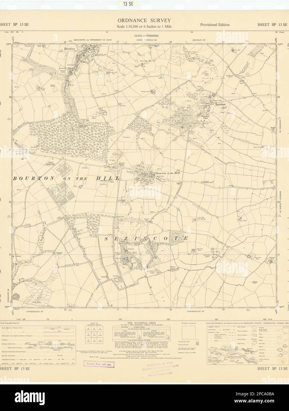 Ordnance Survey SP13SE Cotswolds Bourton-on-the-Hill Blockley Batsford 1955 mapa Foto de stock