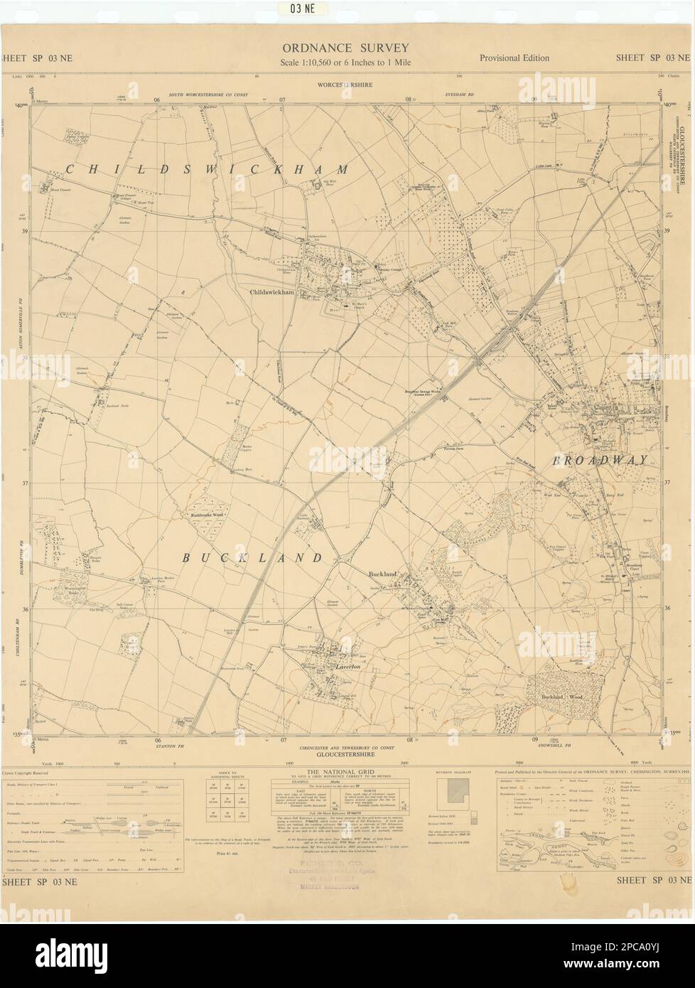 Ordnance Survey SP03NE Cotswolds Broadway Childswickham Buckland 1955 mapa Foto de stock
