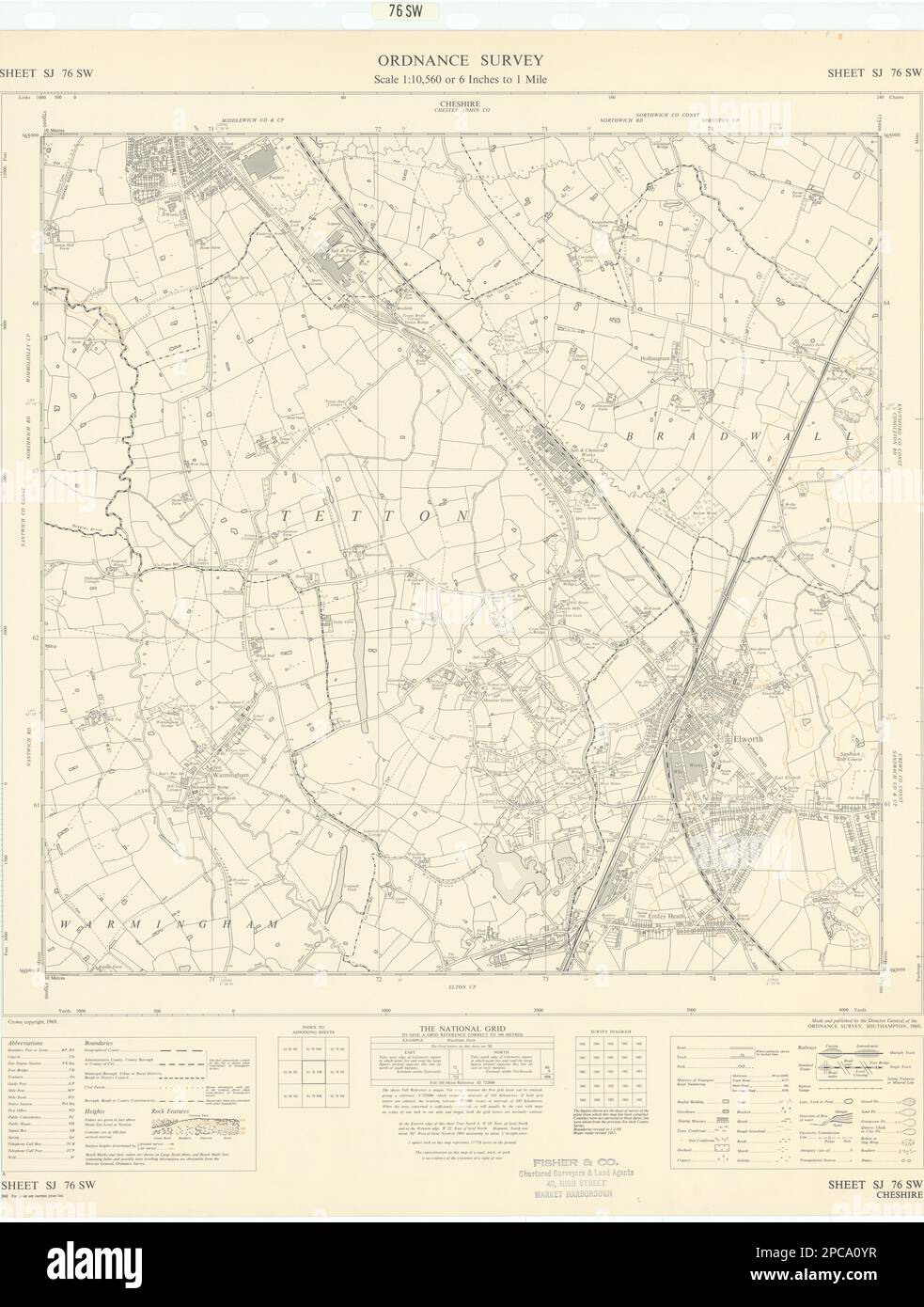 Hoja de encuesta de ordnance SJ76SW Cheshire Elworth Middlewich Warmingham 1969 mapa Foto de stock