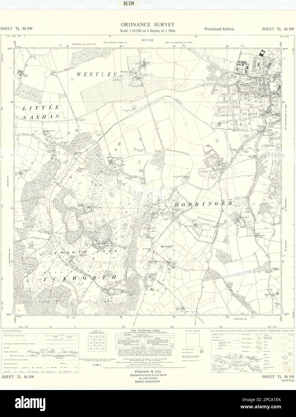 Hoja de estudio de ordnance TL86SW Suffolk Bury St Edmunds Horringer Westley 1958 mapa Foto de stock