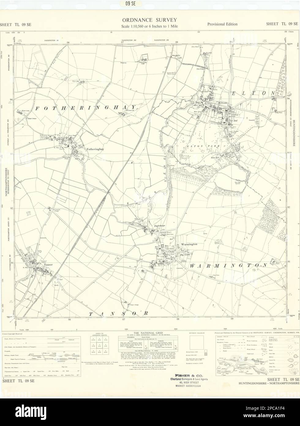 Ordnance Survey TL09SE Hunts Elton Warmington Fotheringhay Tansor 1958 mapa antiguo Foto de stock