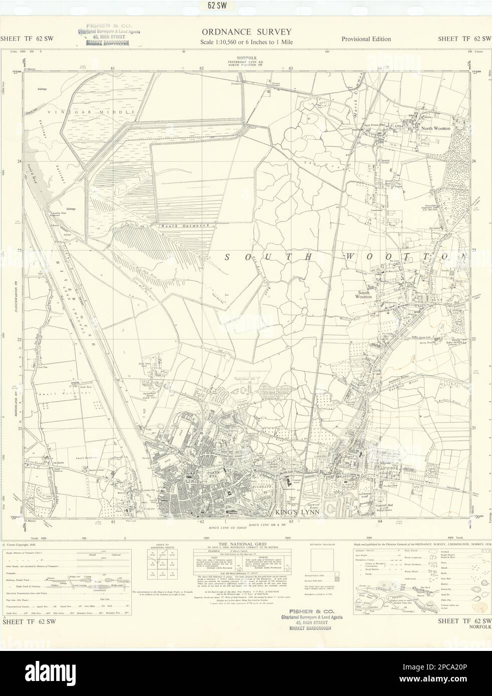 Ordnance Survey TF62SW Norfolk King's Lynn South Woottyon North Wooton 1958 mapa Foto de stock
