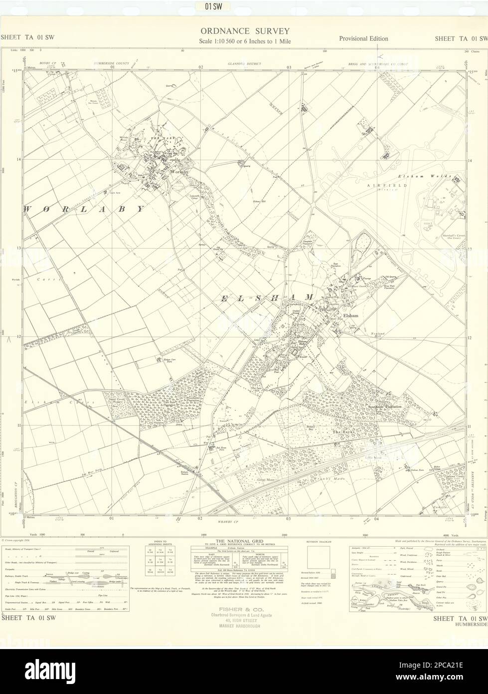 Hoja de estudio de Ordnance TA01SW Lincolnshire Elsham Worlaby 1956 antiguo mapa vintage Foto de stock
