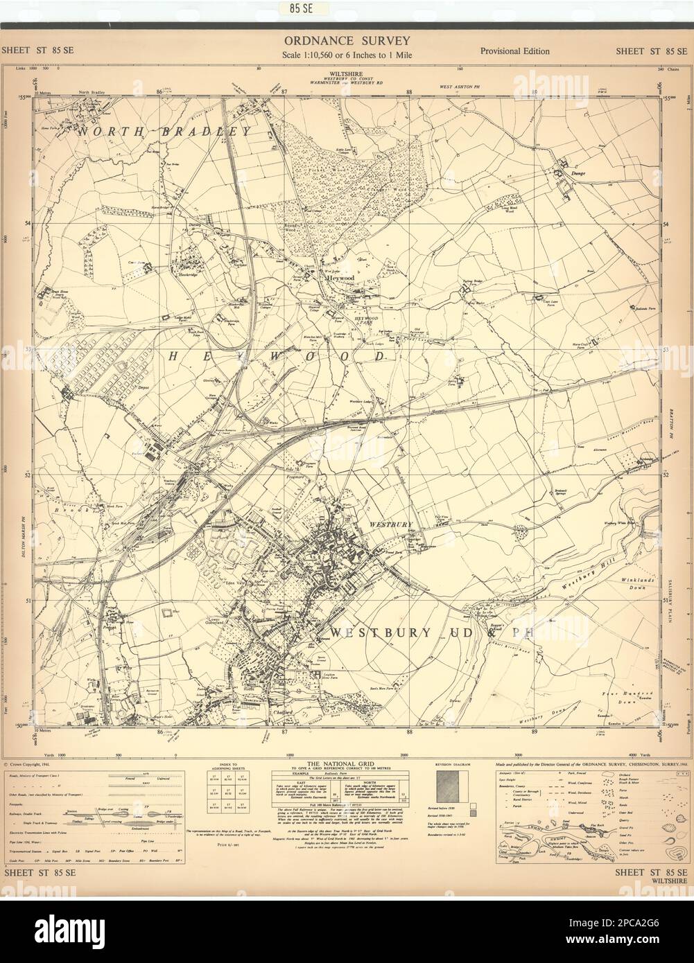 Hoja de estudio de ordnance ST85SE Wiltshire Westbury Heywood 1961 antiguo mapa vintage Foto de stock