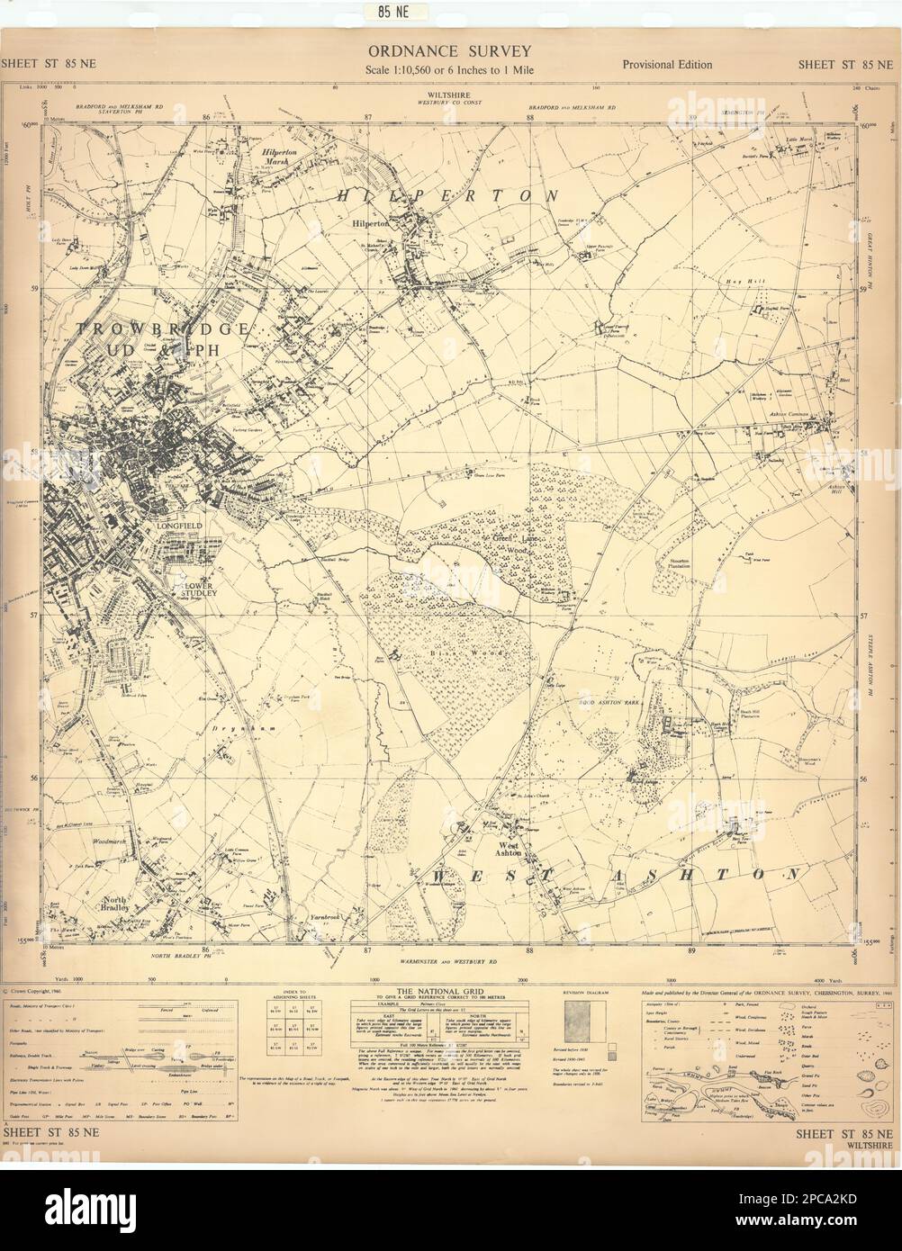 Ordnance Survey ST85NE Wiltshire Trowbridge Mapa de Hilperton North Bradley 1960 Foto de stock
