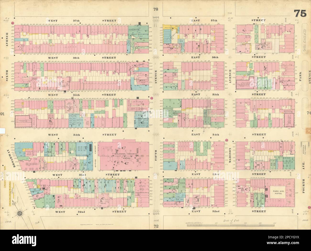 Sanborn NYC #75 Manhattan Midtown Nomad Murray Hill Garment District 1899 mapa Foto de stock