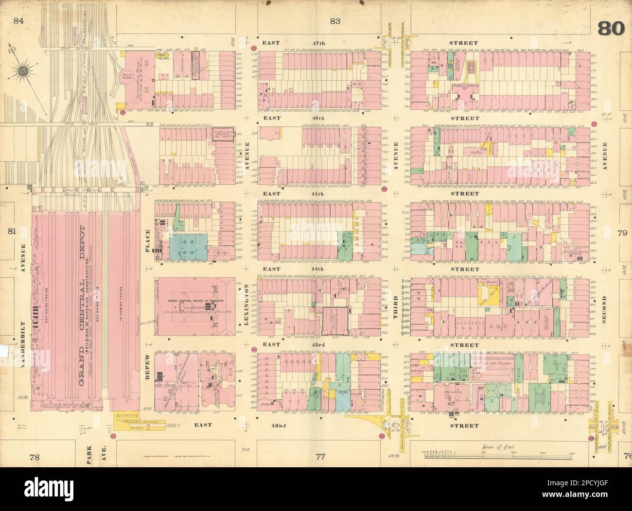 Sanborn NYC #80 Manhattan Midtown East Turtle Bay Grand Central 1899 mapa antiguo Foto de stock