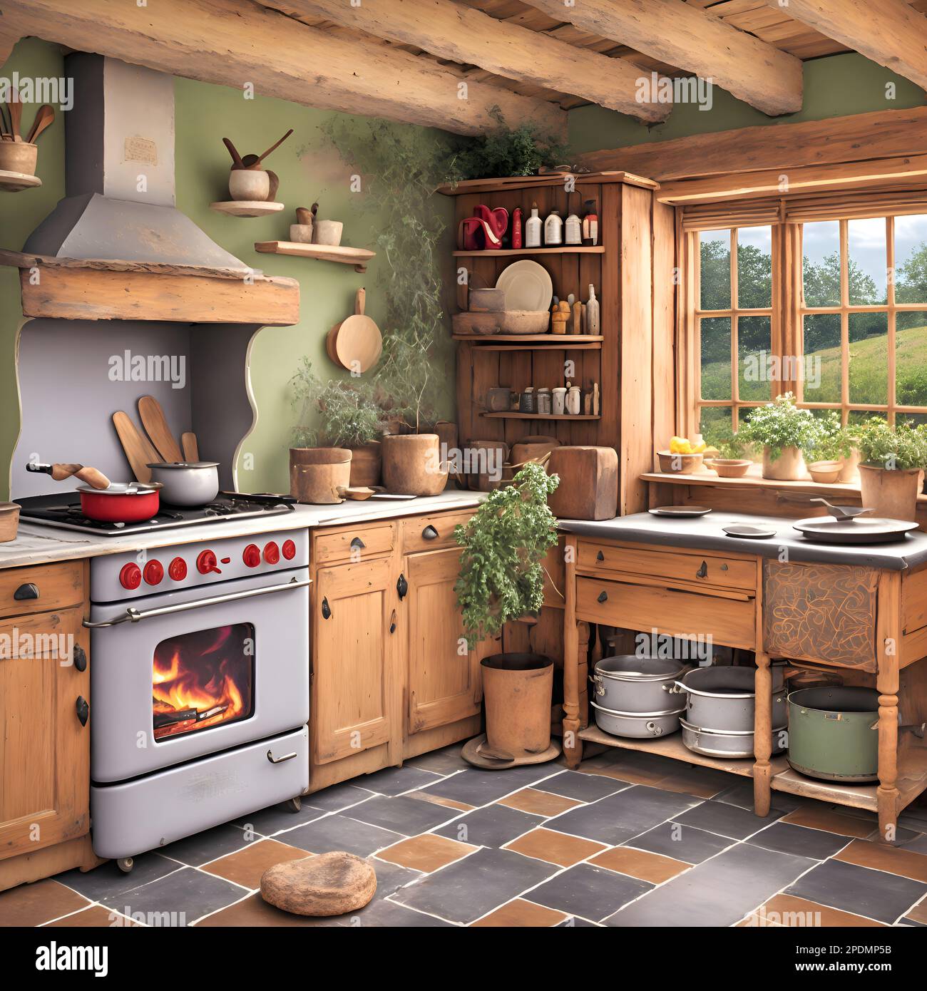 la inteligencia artificial generó la imagen pictórica de una cocina de  ensueño en una cabaña que muestra un horno viejo o estufa con una pila de  leña, una olla en la estufa