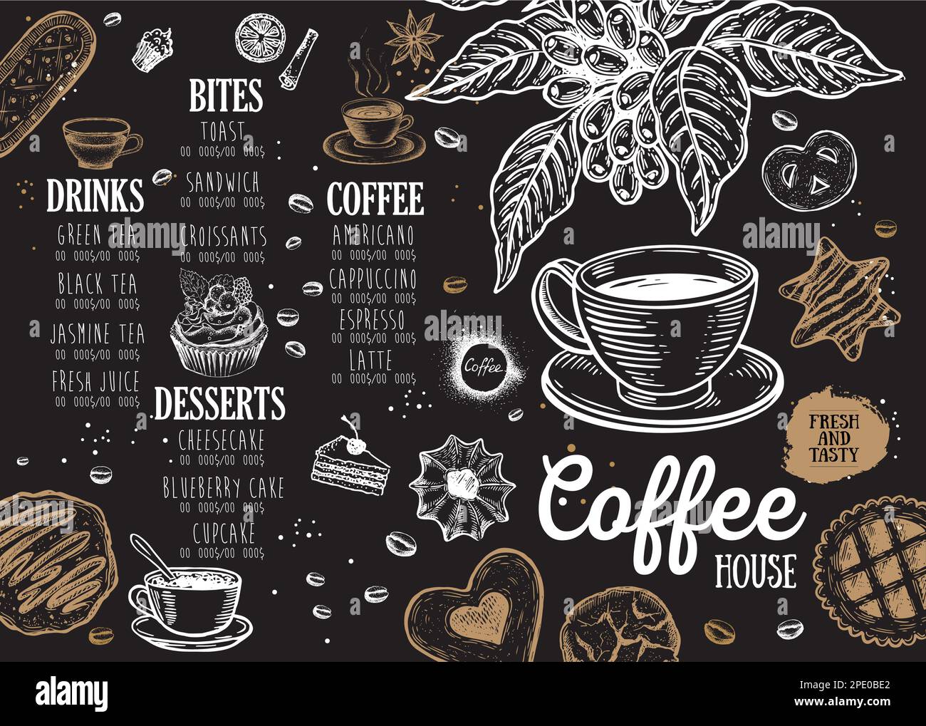 Menú de cafetería. Restaurante menú de café, diseño de plantilla. Folleto  de comida Imagen Vector de stock - Alamy