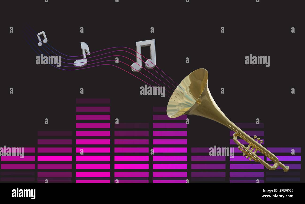 Trompeta con notas musicales volando y ecualizador gráfico sobre fondo