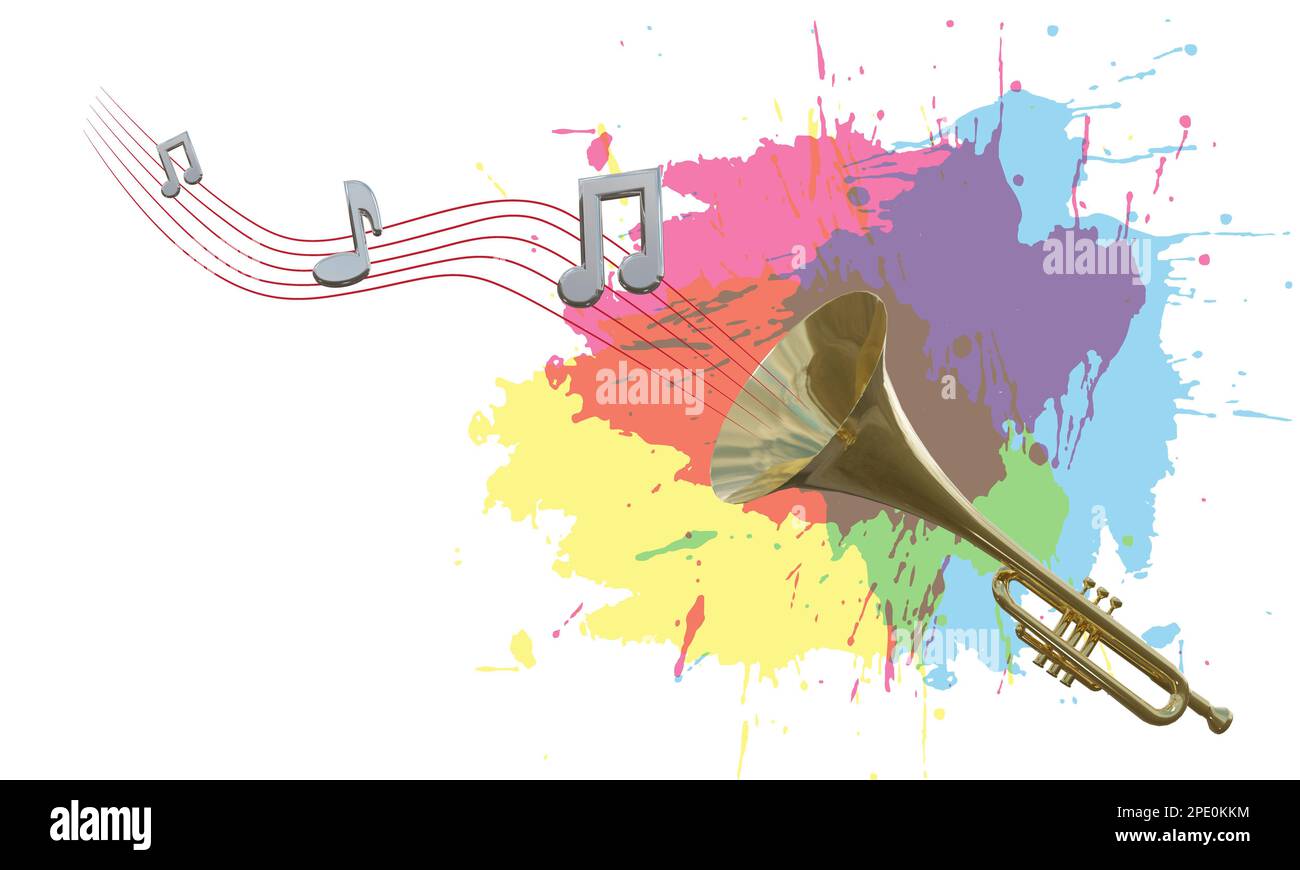 Trompeta y notas musicales volando con colores salpicando sobre fondo