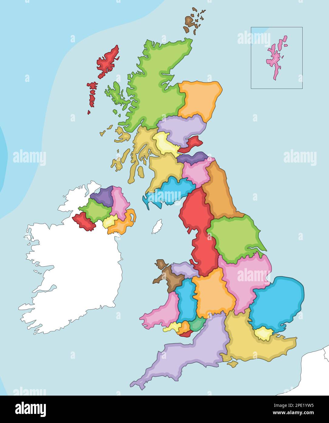 Vector ilustrado mapa en blanco de Reino Unido con divisiones administrativas y países vecinos