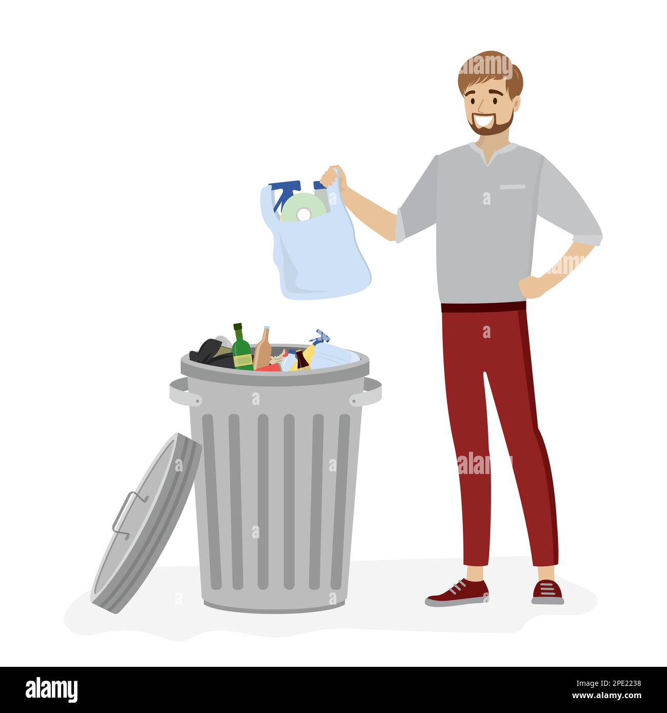 Abra el bote de basura de metal con garbage.Young man lanza una bolsa con basura. Aislado sobre fondo blanco. Eliminación y reciclaje de residuos. Personaje masculino de dibujos animados Ilustración del Vector