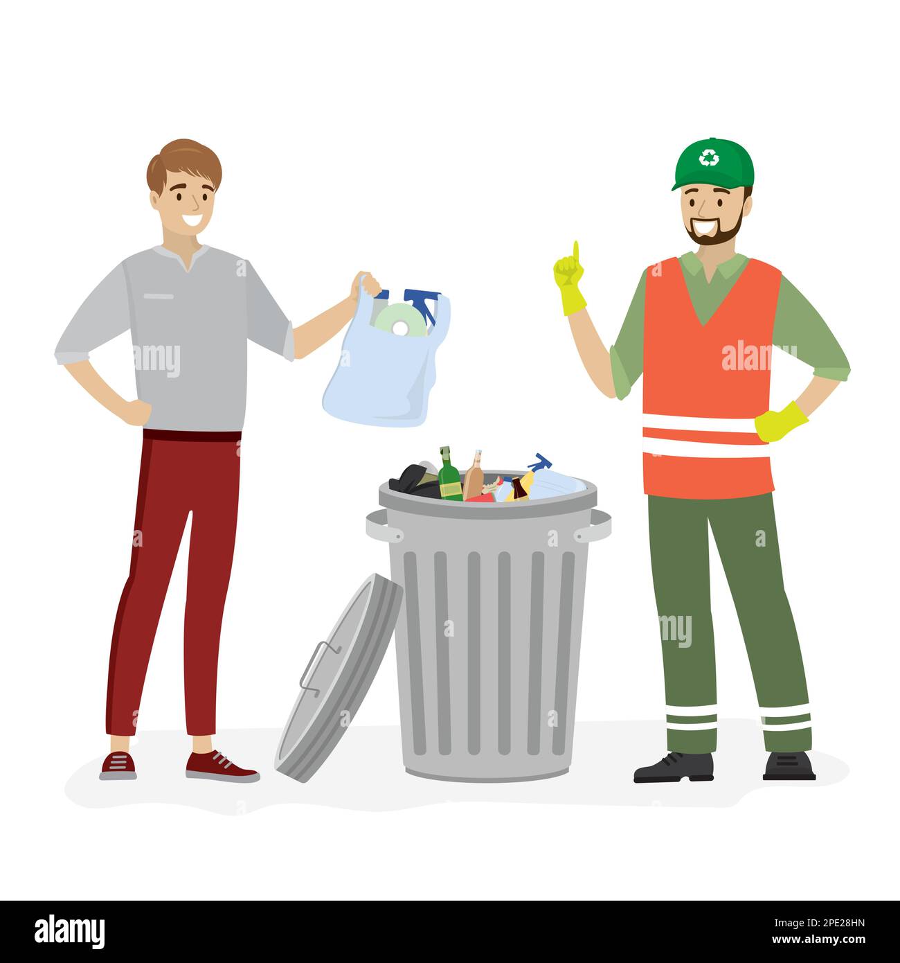 Abra el bote de basura de metal con la basura. El hombre joven lanza una bolsa con la basura y el recolector de basura feliz. Aislado sobre fondo blanco. Eliminación de residuos y re Ilustración del Vector