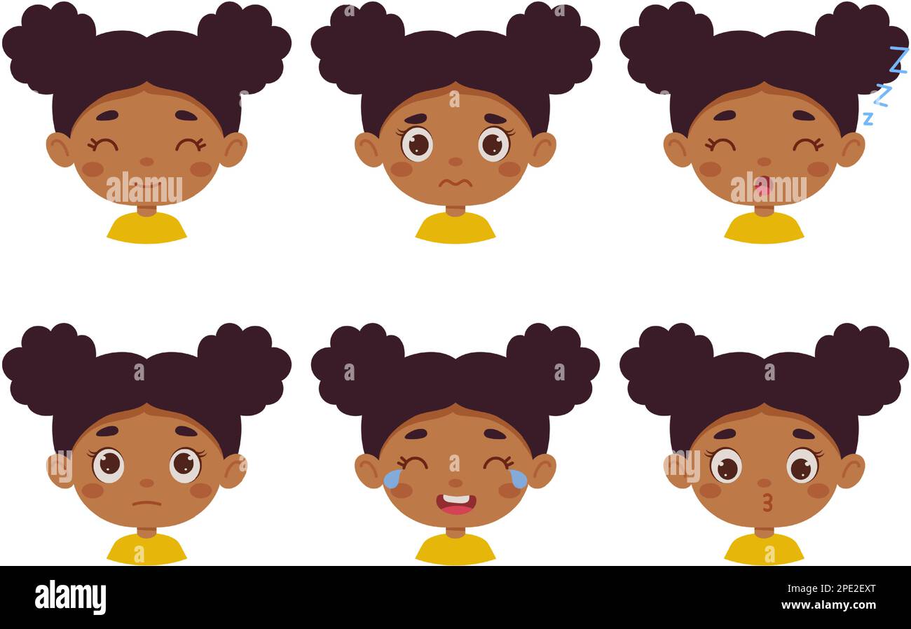 Lindo niño de dibujos animados niña mulata en varias expresiones y