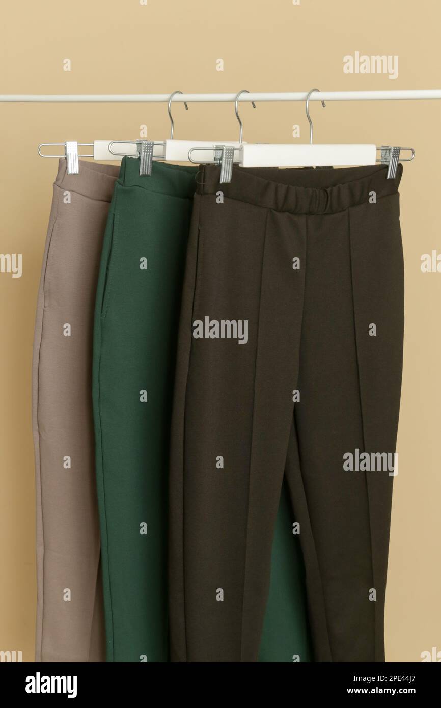 https://c8.alamy.com/compes/2pe44j7/ropa-de-mujer-perchero-con-pantalon-casual-clasico-de-negocios-en-diferentes-colores-piezas-de-moda-atemporales-de-buena-calidad-2pe44j7.jpg