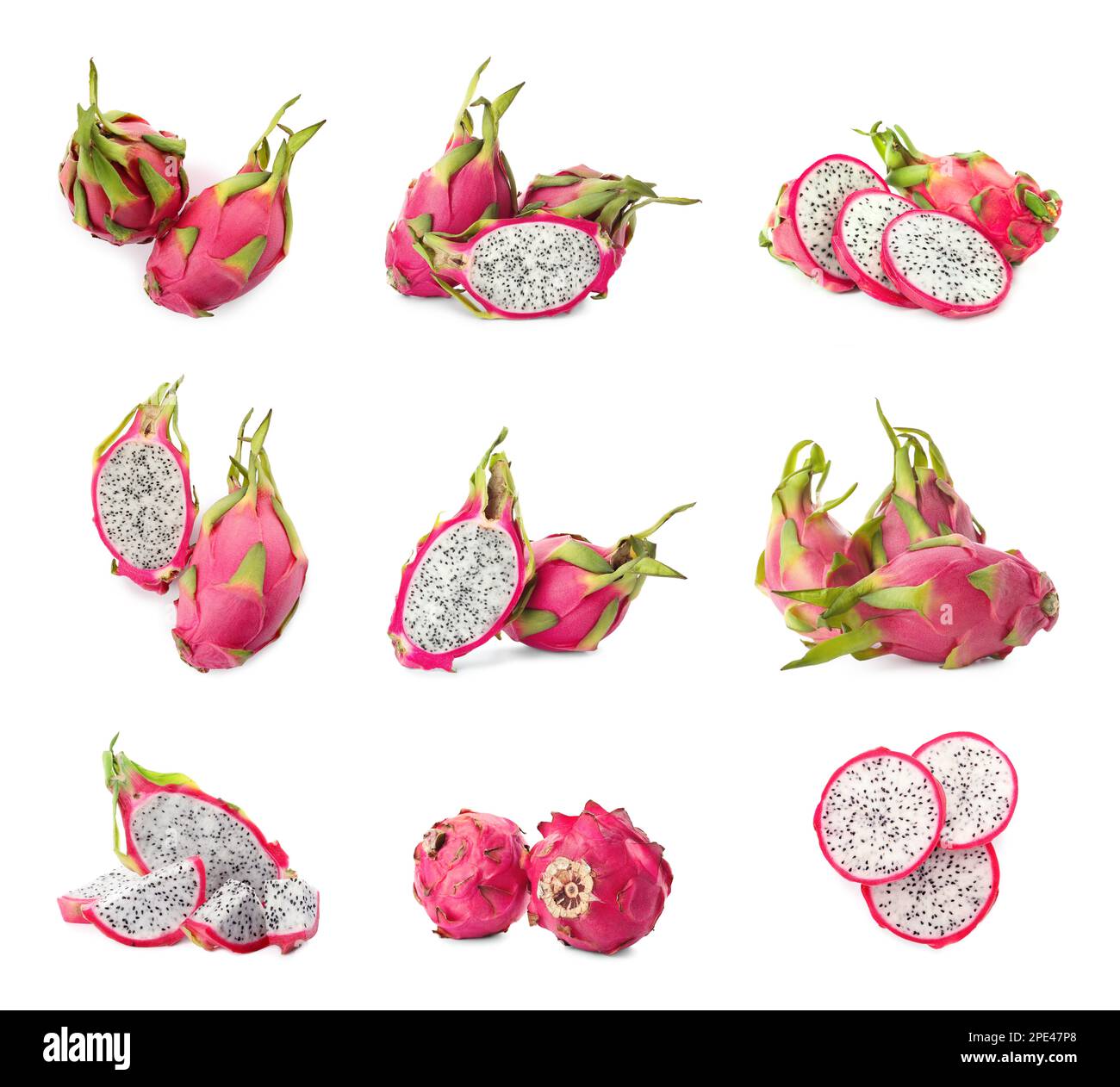 Conjunto con deliciosas frutas de dragón rosa (pitahaya) sobre fondo blanco Foto de stock