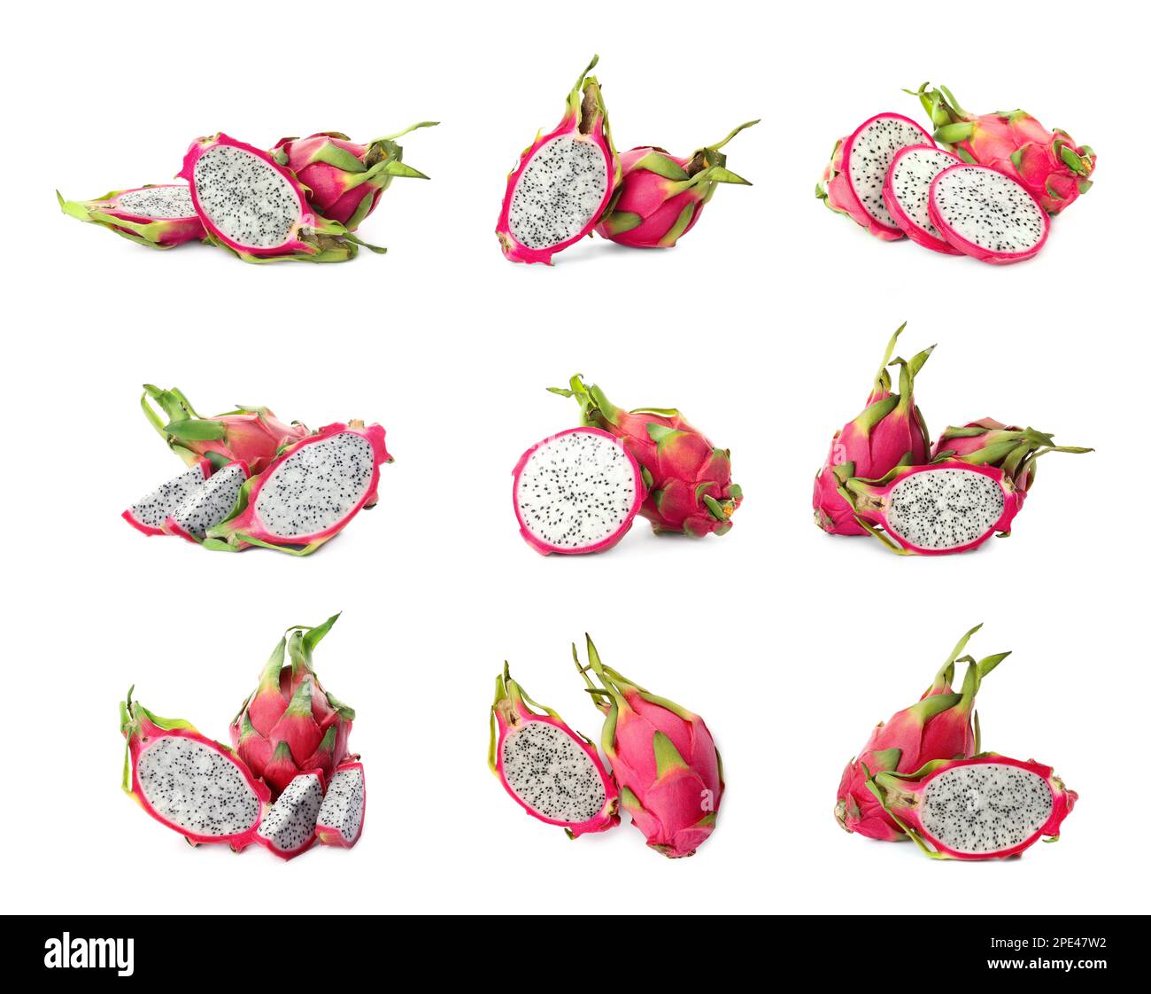 Conjunto con deliciosas frutas de dragón rosa (pitahaya) sobre fondo blanco Foto de stock