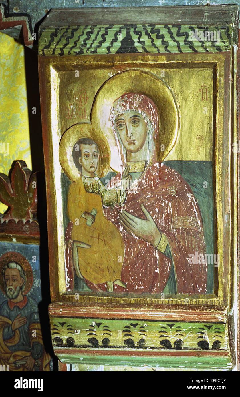 Antiguo icono de Hodegetria que representa el Theotokos con el niño Jesús Foto de stock