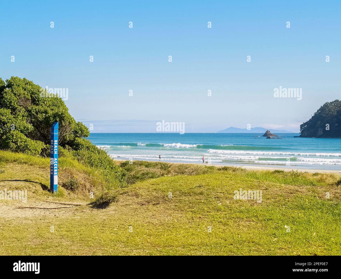 Señal de acceso a la playa en el borde de hierba a la playa del océano en Mount Maunganui. Foto de stock