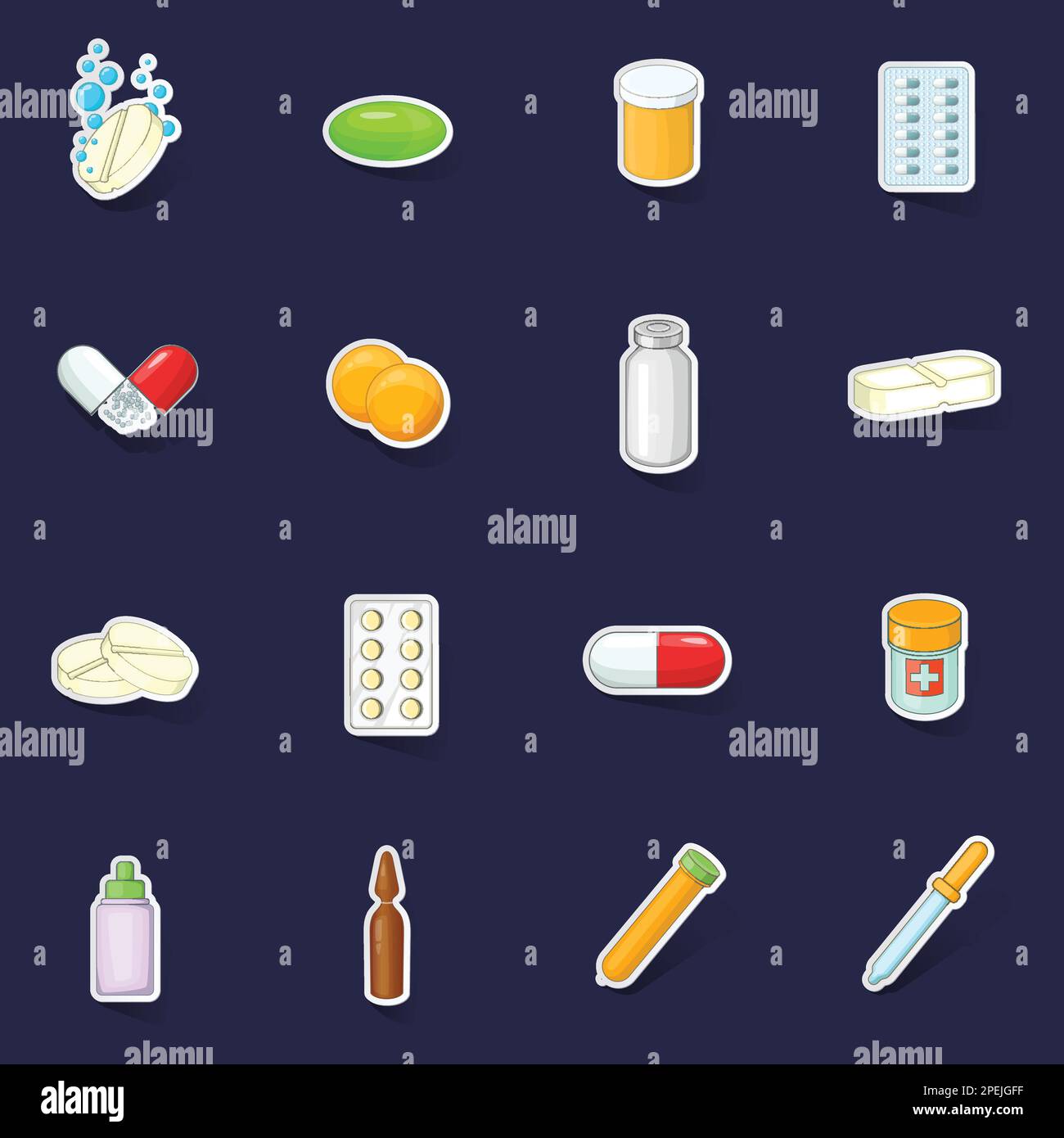 Iconos de drogas de medicina establecen vector de colección stikers con sombra sobre fondo púrpura Ilustración del Vector