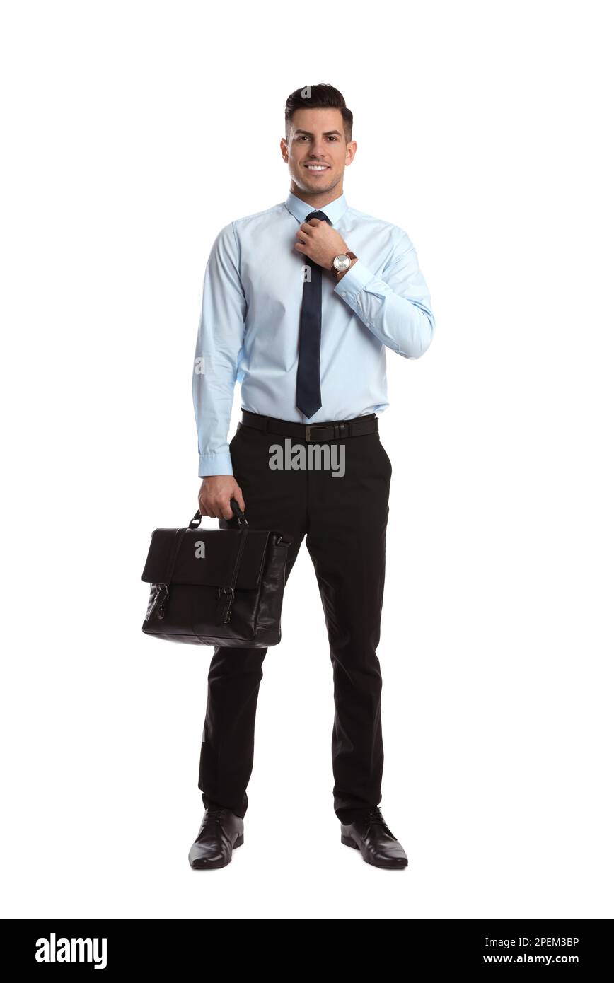 Hombre de negocios con elegante maletín de cuero sobre fondo blanco Foto de stock