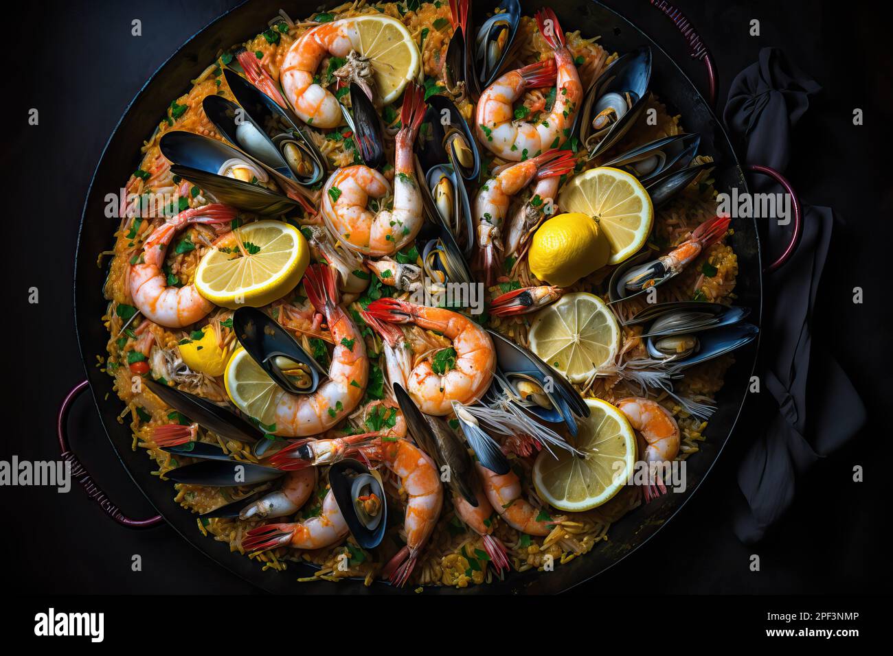 Paella española con camarones en una sartén de hierro fundido. Arroz en  español. Mariscos y limones. estilo rústico. IA generativa Fotografía de  stock - Alamy