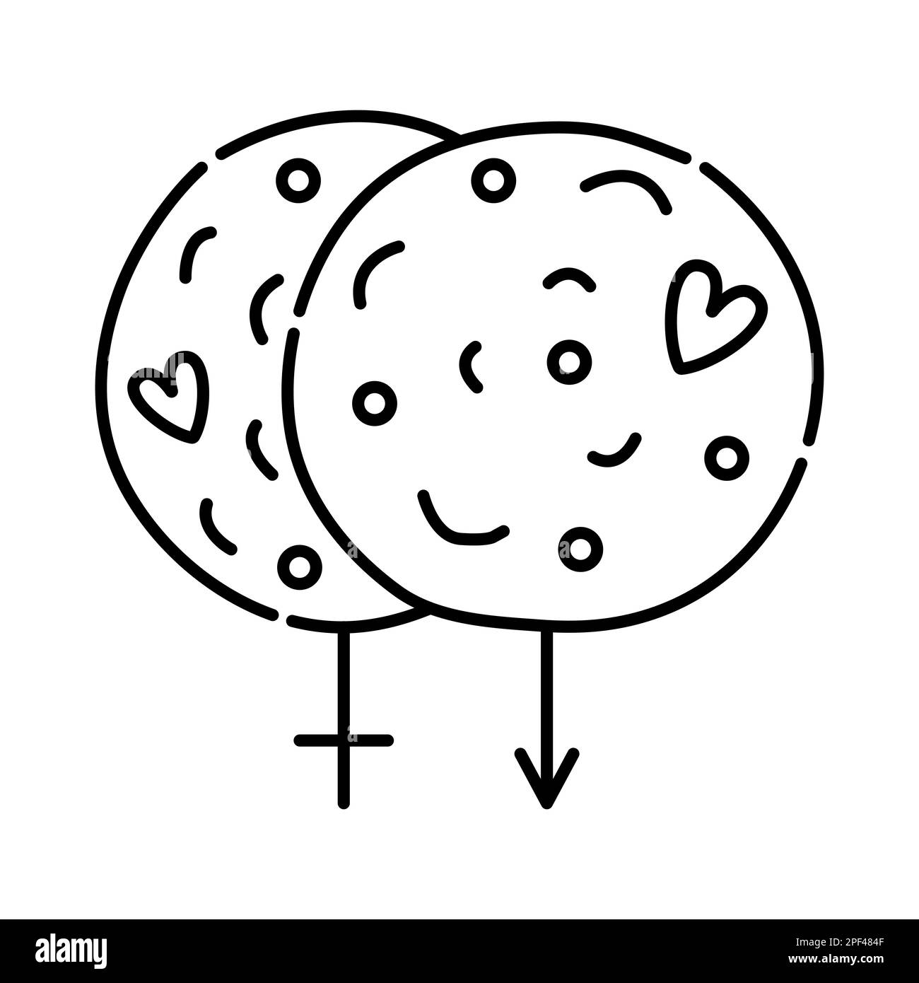 Cookie, signo masculino y femenino de Marte y Venus, vector icono de línea negra Ilustración del Vector