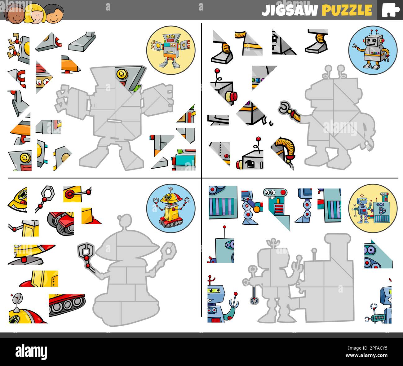 Ilustración de dibujos animados de juegos educativos de rompecabezas con  divertidos personajes de robots Imagen Vector de stock - Alamy