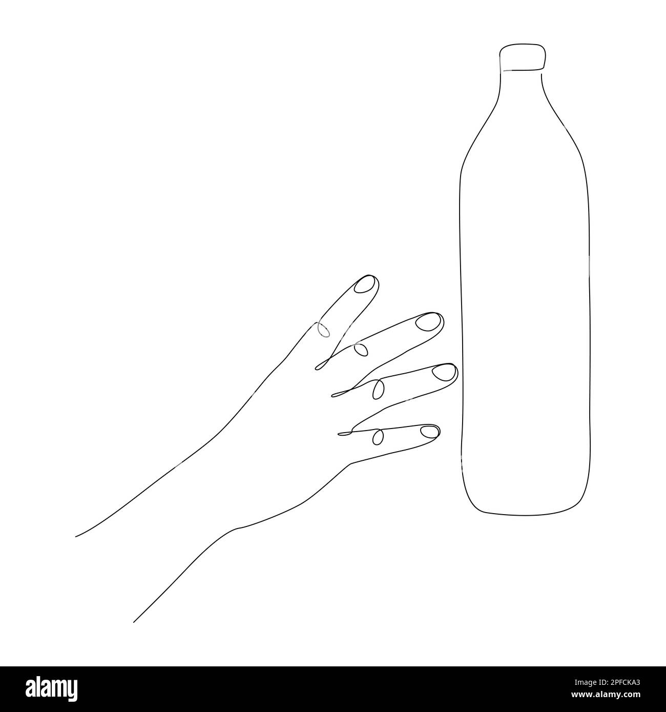 Una línea continua de mano que alcanza la botella de plástico, recoge la basura. Concepto de vector de ilustración de línea delgada. Contorno Dibujo Ideas creativas. Ilustración del Vector