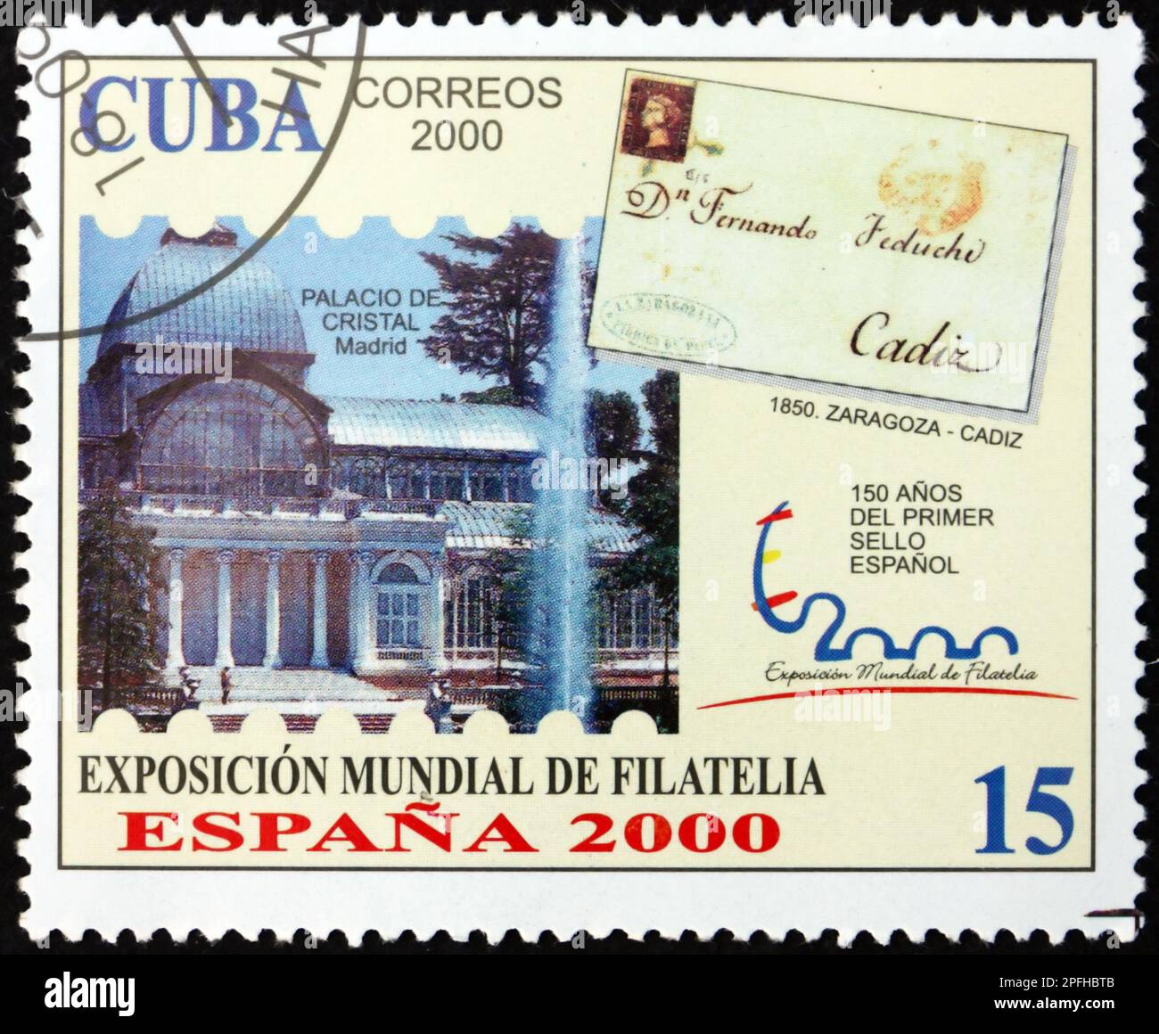 CUBA - CIRCA 2000: Un sello impreso en Cuba muestra 1850 Zaragoza-Cádiz portada y Palacio de Cristal, Madrid, 2000 Exposición Mundial de Sellos, CIRCA 2000 Foto de stock