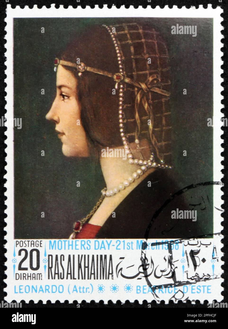 Ras AL-KHAIMAH - CIRCA 1968: Un sello impreso en Ras al-Khaimah muestra Beatrice D'Este, retrato, pintura de Leonardo da Vinci (1452-1519), italiano pai Foto de stock