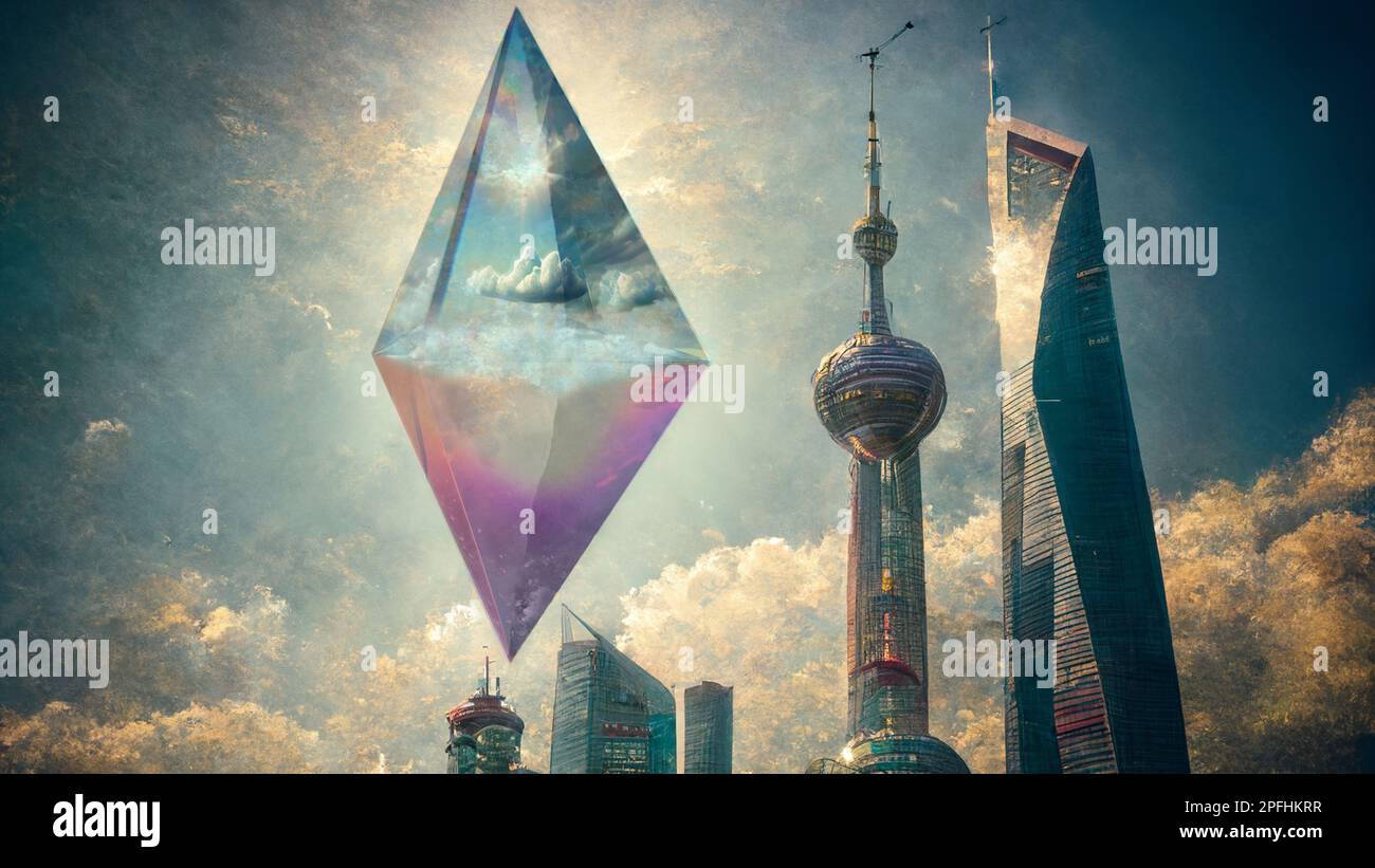 Ilustración AI Contribución, ETH en el cielo sobre la ciudad. Planes de actualización de Ethereum Shanghai, la actualización de shanghai después de la fusión Foto de stock