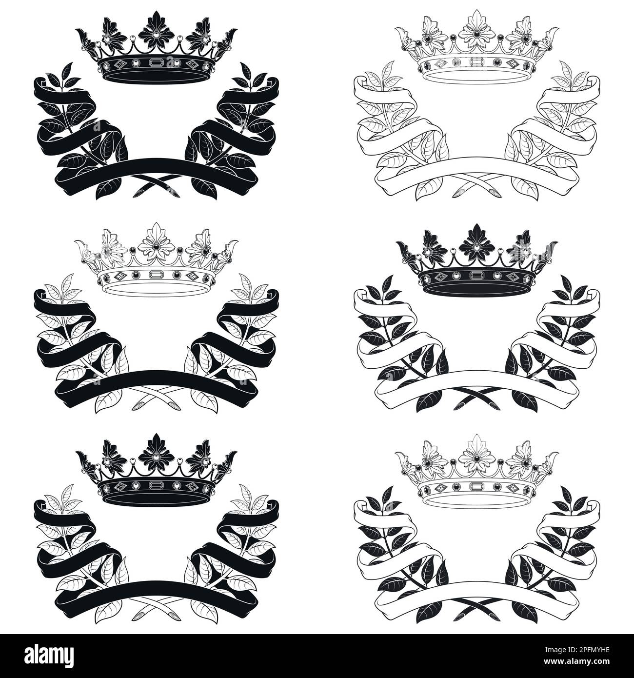 Diseño vectorial de corona real con corona de laurel rodeada de cinta