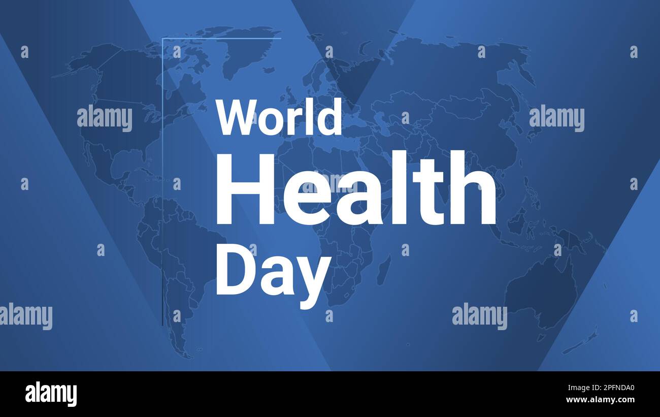 Tarjeta de vacaciones para el Día Mundial de la Salud. Póster con mapa de tierra, fondo de líneas de gradiente azul, texto blanco. Banner de diseño de estilo plano. Ilustración vectorial. Ilustración del Vector