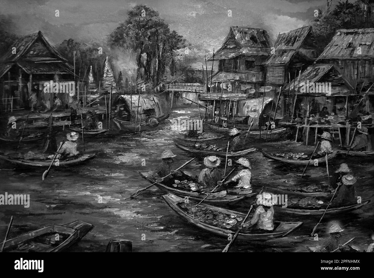 Pintura de arte Color al óleo Mercado flotante Tailandia, campo, blanco y negro Foto de stock