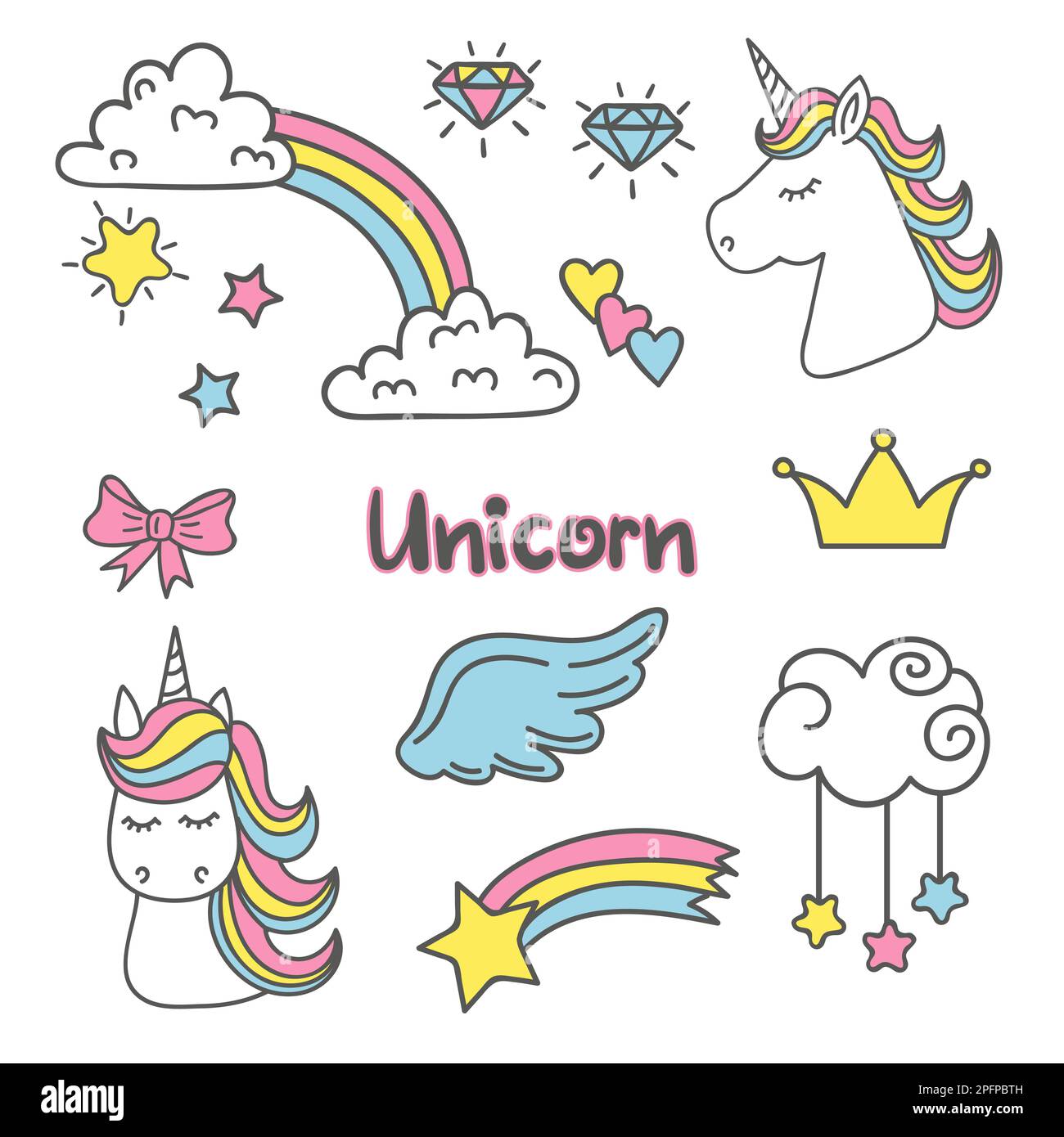Lindo conjunto de magia con unicornio, arco iris, alas de hadas, nubes. Colección de vectores de pegatinas de moda, pines, parches. Ilustración del Vector