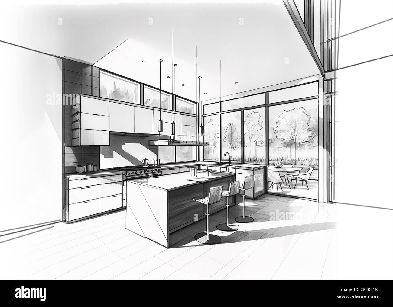 Boceto arquitectónico de una cocina moderna moderna, dibujo en blanco y negro Foto de stock
