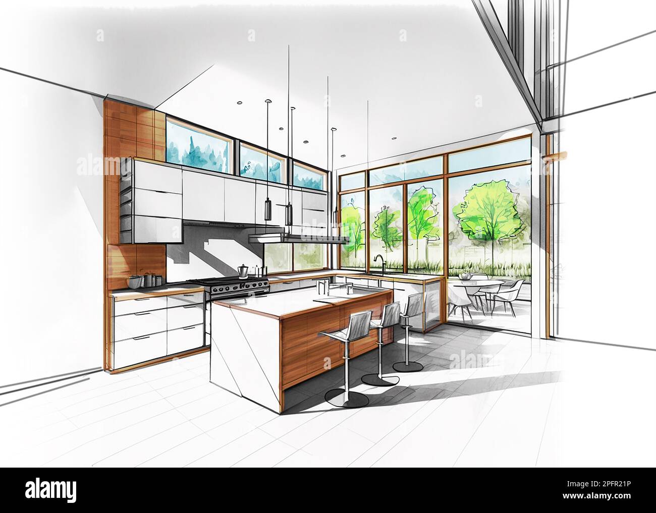 Dibujo de boceto coloreado de una cocina moderna, diseño arquitectónico Foto de stock