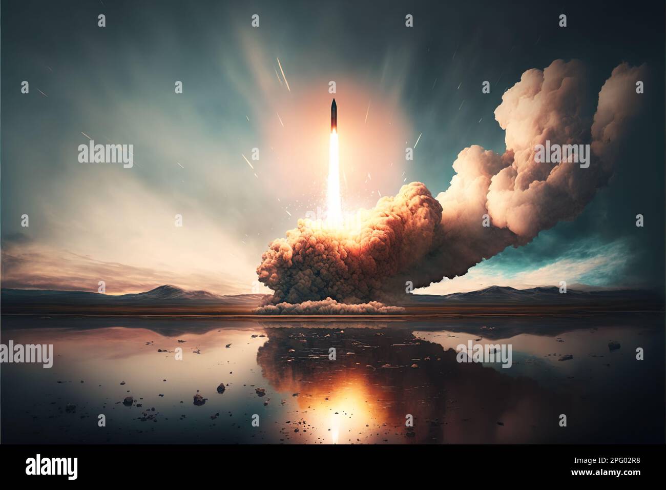 Lanzamiento de misiles balísticos, inicio de cohetes nucleares intercontinentales, IA generativa. Misiles estratégicos despegan con fuego y humo del desierto. Concepto Foto de stock
